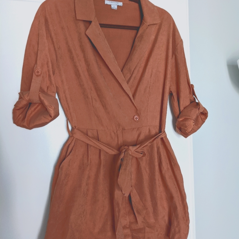 Peach short collared romper with long sleeves